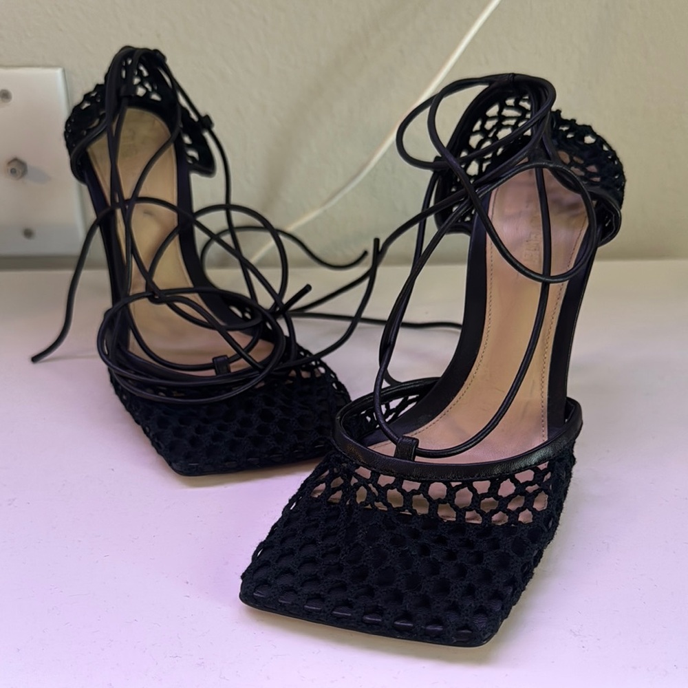 Bottega Veneta Stretch Lace-Up Sandal Black Stiletto Heels